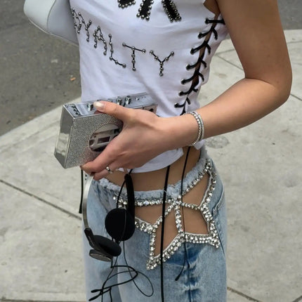 Y2K American Retro Style Ripped Jeans for Women, Two Slit Denim Pants, Casual Goth Streetwear Wide Leg High Waist