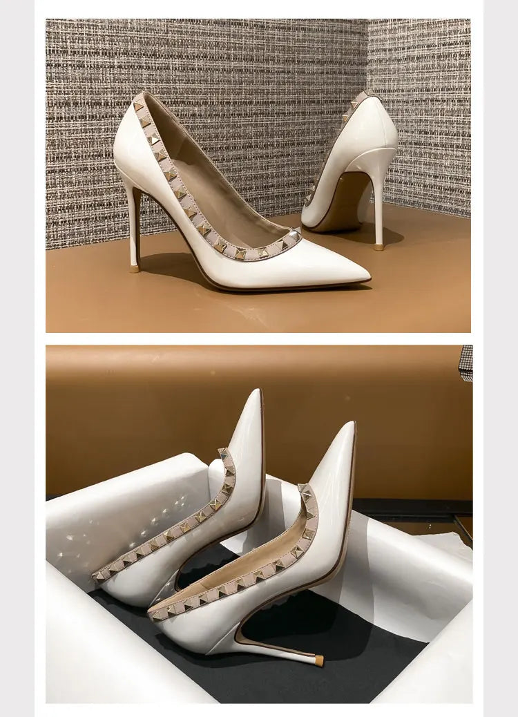 Women's High Heels Black Genuine Leather Rivet Pointed toe pumps luxury designer high quality Shoes Elegant woman heeled shoes