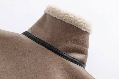 KONDALA Fall Winter Fleece Stand-up Jacket Women's Casual Thickened Warm Zipper Coat 2025 Fashion Retro Motorcycle Style Jacket