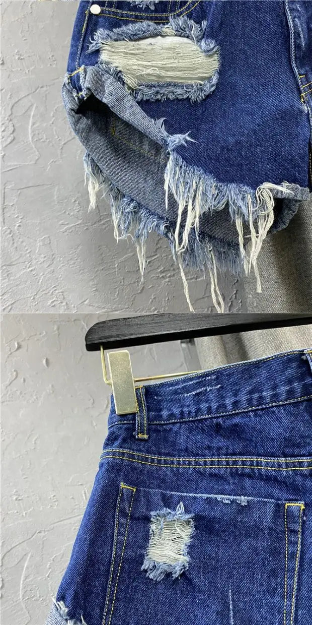 Shorts in denim da donna a vita alta, strappati, con orlo grezzo e sfilacciato, casual, hot pants