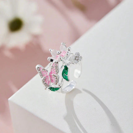 Aesthetic Flower Butterfly Rings for Female Romantic Rhinestone Stylish Non-fading Opening Ring Women Wedding Jewelry Party Gift PlatiNum