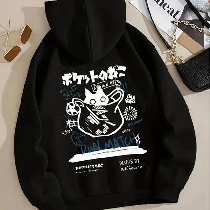 Japan Style Black Cat Hoodie Men Women Outdoor Street Casual Fashion Sport Cartoon Longsleeve Adult Autumn Winter Sweatshirt Top