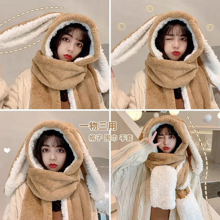 New Fashion Scarf Hat Glove Women Cute Big Ear Bunny Beanie Winter Warm Soft Thickening Pocket Warm Ear Hats Hooded Skullie Caps