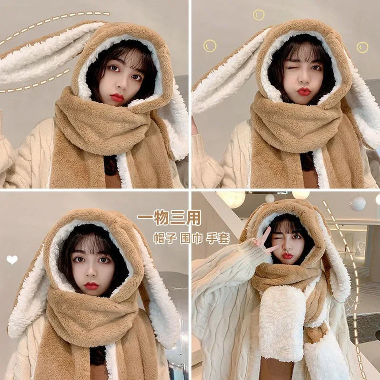 New Fashion Scarf Hat Glove Women Cute Big Ear Bunny Beanie Winter Warm Soft Thickening Pocket Warm Ear Hats Hooded Skullie Caps