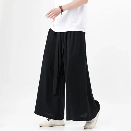 Pantaloni retrò in cotone e lino stile cinese Uomo Kimono estivo Pantaloni tradizionali in tinta unita Pantaloni casual a gamba larga streetwear maschile