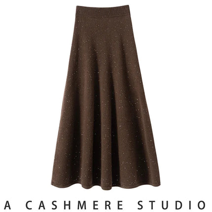 Chic Women Sweater Suite Skirt 100% Cashmere A-Line Skirt Autumn Winter Wave Skirt Elastic Knee Length Dress Sequins French Knit PlatiNum