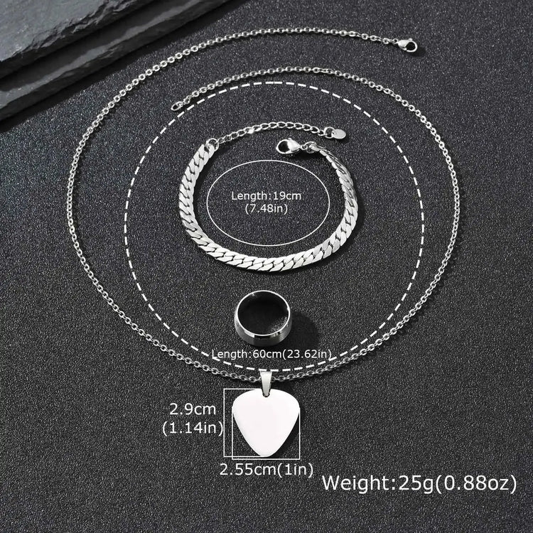 Set di 3 Pezzi: Collana con Ciondolo a Forma di Plettro per Uomo, Bracciale con Catena Cubana Piatta Stile Rock Punk, Set di Gioielli Classici da Uomo, Idea Regalo platinumshop