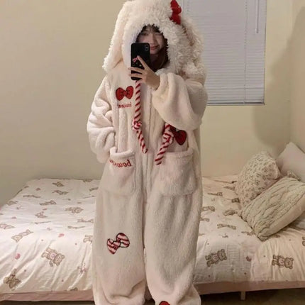 Kawaii Rabbit Bow One Piece Pajamas Women's Coral Velvet Hooded Sleepwear Thicken Winter Warm Sweet Cute Homewear Holiday Gift