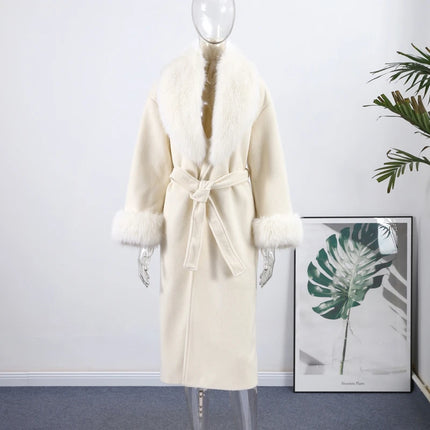 White Fur Patchwork Lace-up Overcoats Women's Street V-neck Full Sleeve Long Woolen Coat 2025 Winter New Ladies Thick Outwear