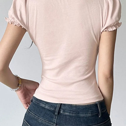 Sweet Button Up Women's Summer Top Cute Slim Fit Contrast Lace Stitching Bow Square Collar T-Shirt Y2K Korean Tees