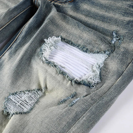 Men Pale Light Blue Biker Jeans Cracked Pleated Patch Patchwork Stretch Denim Pants Streetwear Holes Ripped Skinny Trousers PlatiNum