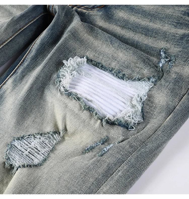 Men Pale Light Blue Biker Jeans Cracked Pleated Patch Patchwork Stretch Denim Pants Streetwear Holes Ripped Skinny Trousers PlatiNum