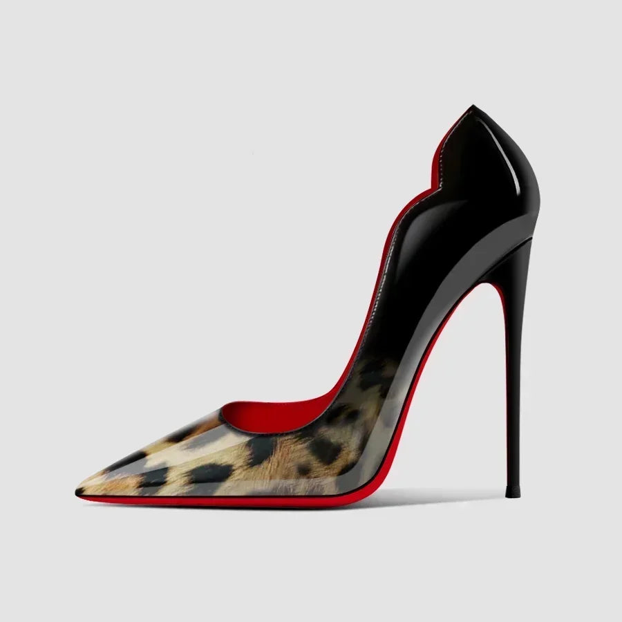 2025New Gradient Red Bottom Large Heels Sexy Leopard Pattern Pointed Professional Women's Shoes Black Graduation Single Shoes