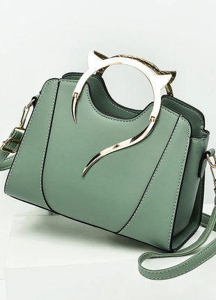 Cat Shaped Handle Women Handbag Trendy And Fashionable, Solid Color, Simple And Casual Crossbody Shoulder Shell Bag PlatiNum