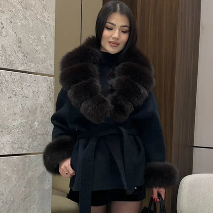 Lady Faux Fur Collar Cuffs Patchwork Short Overcoat  Belted Lace Up Loose Warm Jacket New Winter Daily Street Women's Outerwear