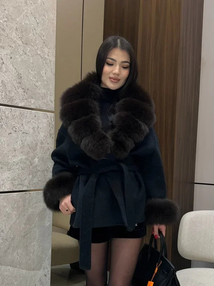 Lady Faux Fur Collar Cuffs Patchwork Short Overcoat  Belted Lace Up Loose Warm Jacket New Winter Daily Street Women's Outerwear