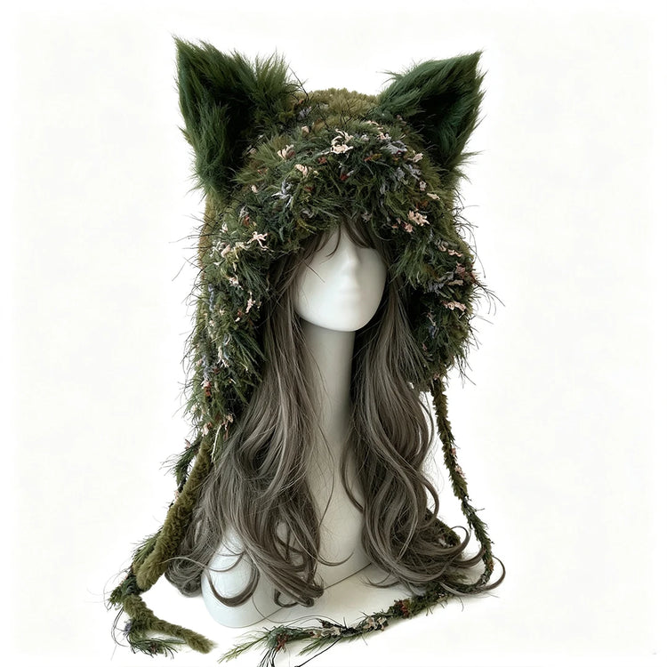 Custom Handmade Crochet Moss Green Fox Ear Hat Women Plush Floral Knitted Beanie Men Goblincore Cosplay Forest Winter Warm Hood