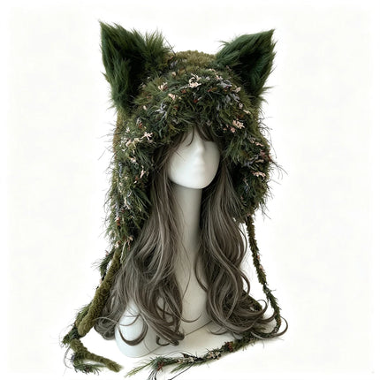 Custom Handmade Crochet Moss Green Fox Ear Hat Women Plush Floral Knitted Beanie Men Goblincore Cosplay Forest Winter Warm Hood