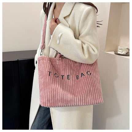 Simple Letter Soft Corduroy Shoulder Bags for Women Versatile Large Capacity Ladies Crossbody Bag Portable Female Handbags Tote PlatiNum