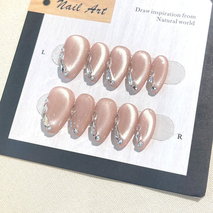 10PCS Original Handcrafted Nude Cat Eye Almond Press On Nails, Sparkling Rhinestone Artificial False Nails