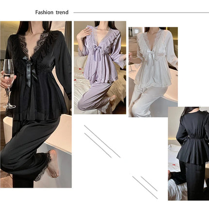 Set di indumenti da notte per la casa in raso di pizzo e pizzo da donna, pantaloni con top in pizzo dolce a V profondo, due pezzi di vestiti per la casa di grandi dimensioni bianco nero viola