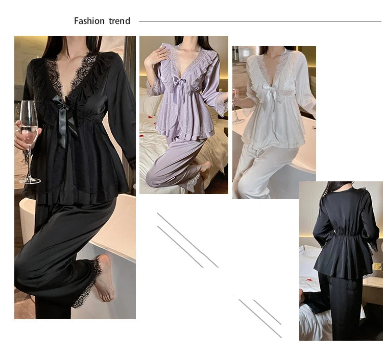 Set di indumenti da notte per la casa in raso di pizzo e pizzo da donna, pantaloni con top in pizzo dolce a V profondo, due pezzi di vestiti per la casa di grandi dimensioni bianco nero viola
