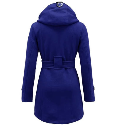 2026 Autumn Women's Hooded Overcoat Trend Double-Breasted Design Belt Side Pockets Plaid Splice Woolen Coats Winter Jacket Femme