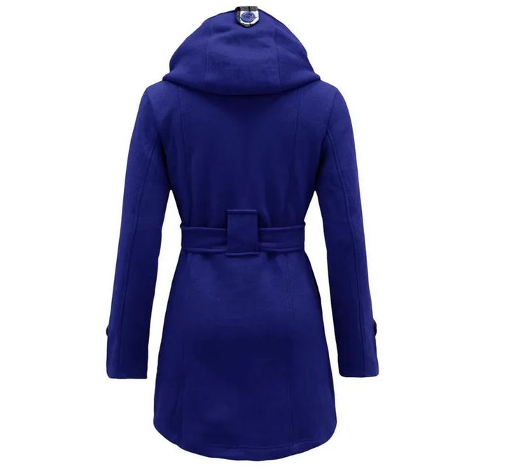 2026 Autumn Women's Hooded Overcoat Trend Double-Breasted Design Belt Side Pockets Plaid Splice Woolen Coats Winter Jacket Femme