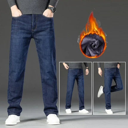 2026 Winter Thermal Stretch Jeans Men New Loose Straight Leg Casual Trousers Male Daily Commute Windproof Denim Pants