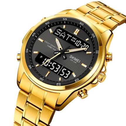 Skmei orologio da polso analogico al quarzo da uomo cinturino in acciaio inossidabile di lusso Led impermeabile digitale sportivo sveglia a tre fusi orari platinumshop