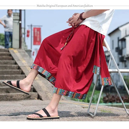 Pantaloncini kimono giapponese Costume da samurai in lino da uomo Ukiyo-e Cintura con stampa Pantaloni a gamba larga Retro Haori Pantaloni casual larghi Harajuku da uomo