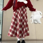 Red Plaid Midi Skirt Women Fall Winter Vintage High Waist Sweet Woolen Cloth Skirts Retro Loose Preppy Aesthetic Female Skirt PlatiNum