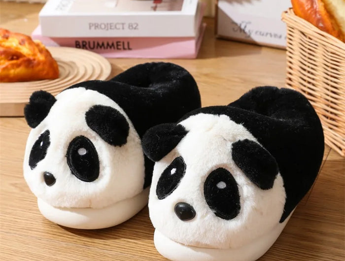 Chaussons d'intérieur en peluche chaude d'hiver en fourrure de lapin panda de dessin animé, pantoufles plates moelleuses thermiques amusantes pour femmes
