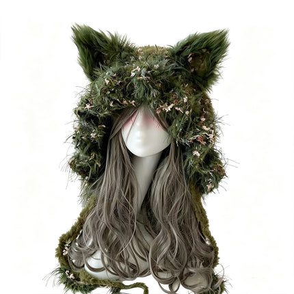 Custom Handmade Crochet Moss Green Fox Ear Hat Women Plush Floral Knitted Beanie Men Goblincore Cosplay Forest Winter Warm Hood