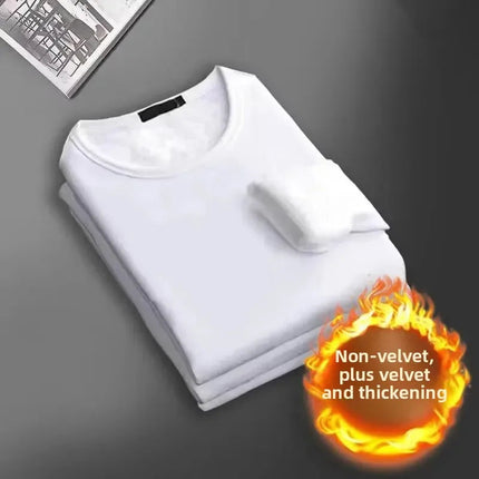 Men's Long Sleeve Thermal Underwear Fleece Lined Thick T-Shirt round Neck Slim Fit Base Shirt Pure Color Inner Wear Autumn Top PlatiNum