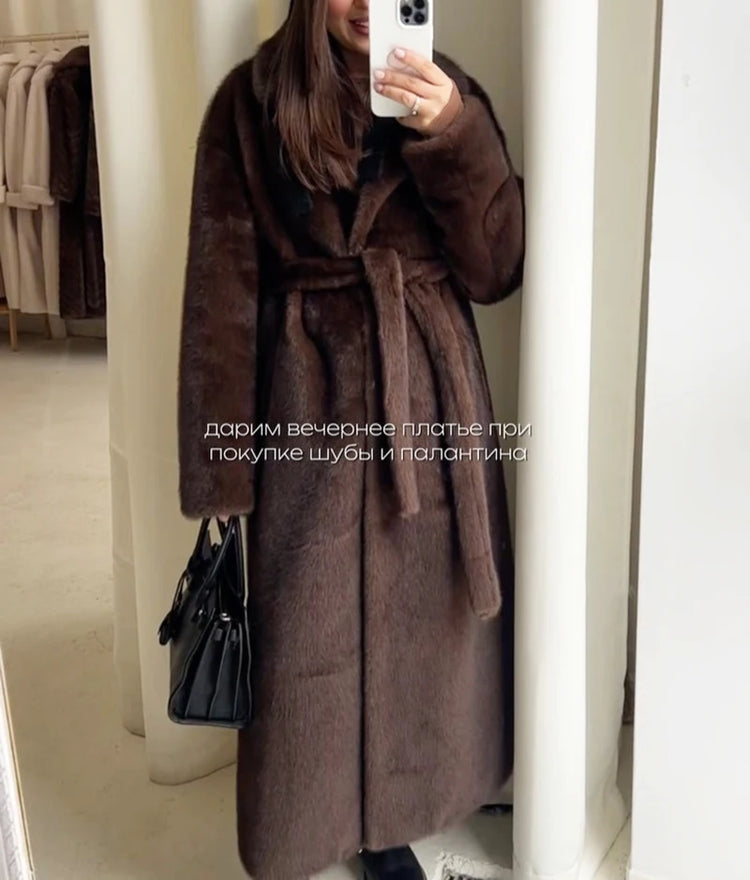 ZADORIN 110cm Long Lapel Belted Brown Faux Fur Coat Woman Elegant Mink Fur Faux Coat Fluffy Fur Jackets for Woman Winter Clothes