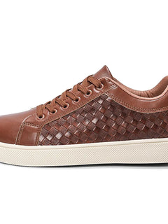 Men Woven Faux Leather Lace‑Up Skate Sneakers Low Top Flat Casual Shoes Retro Stitching Splicing Daily Outdoor Commuter Footwear