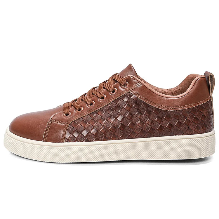 Men Woven Faux Leather Lace‑Up Skate Sneakers Low Top Flat Casual Shoes Retro Stitching Splicing Daily Outdoor Commuter Footwear