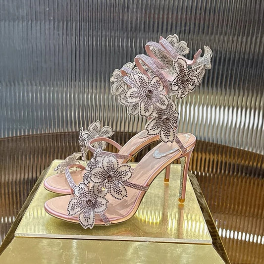 Sandalias Women Rhinestone Flower Decor Dress Shoes Snake Shaped Elastic Strap Thin High Heels Sandals Summer Bridesmaid Shoes