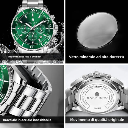 SAPPHERO Orologio Uomo Quarzo Lusso Cronografo Sport Acciaio Inossidabile Impermeabile 50M Data Luminoso Orologio Elegante Business