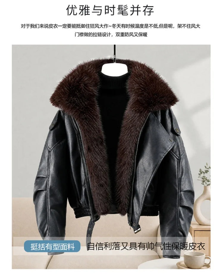 New Parkas Women Leather Jacket Big Fur Collar Tooling Cotton Jacket 2026 Winter Thicke Warm Cotton Padded Coat Female Outerwear