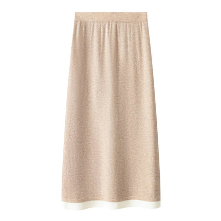 SuyaDream, Women Long Skirt, 32.4%Sheep Wool, Solid Woolen Knitted Skirts, 2024 Autumn Winter Warm Under Dress, Grey, Khaki PlatiNum