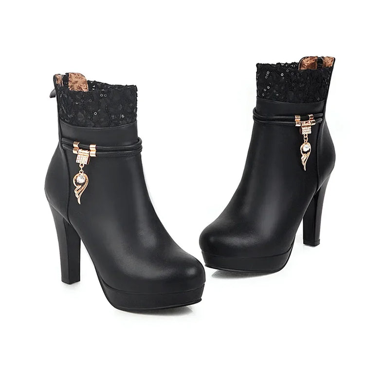 2023 Fashion High Heels Woman Booties Lace Design Princess Platform Party Wedding Womens Shoes White Black Ankle Boots Winter