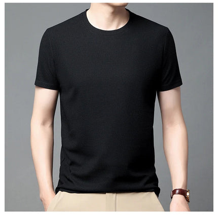 New Summer Waffle Round Neck Short Sleeved T-shirt for Men's Short Sleeved Top PlatiNum