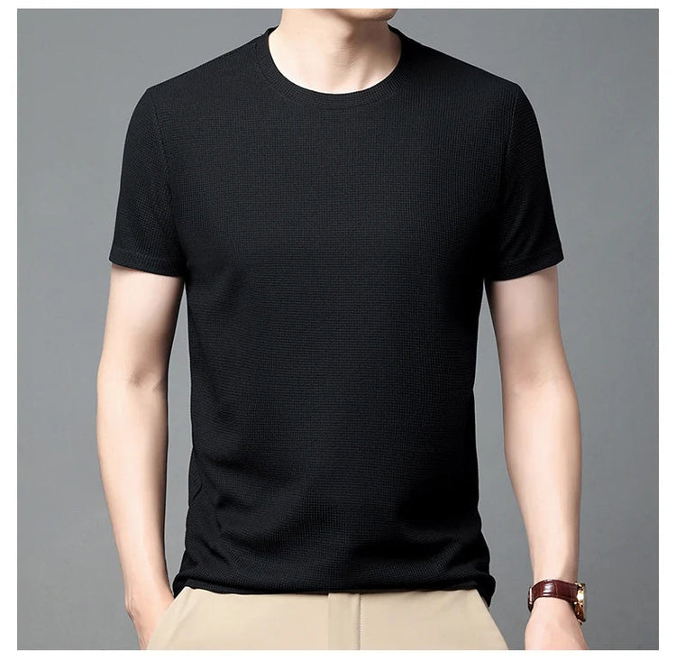 New Summer Waffle Round Neck Short Sleeved T-shirt for Men's Short Sleeved Top PlatiNum