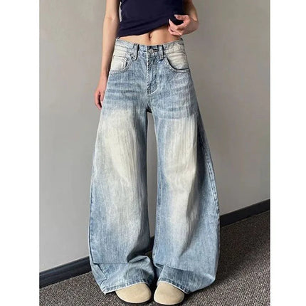 Jeans Vintage da Donna, Stile Americano Retrò, Gamba Larga Y2k, Vita Alta, Blu Chiaro, Pantaloni da Cowboy