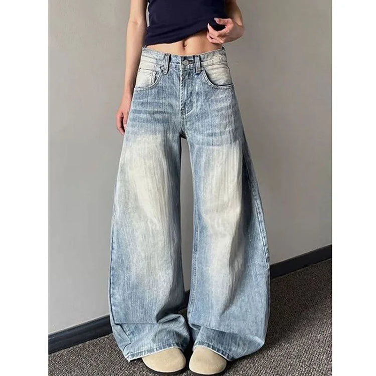 Jeans Vintage da Donna, Stile Americano Retrò, Gamba Larga Y2k, Vita Alta, Blu Chiaro, Pantaloni da Cowboy