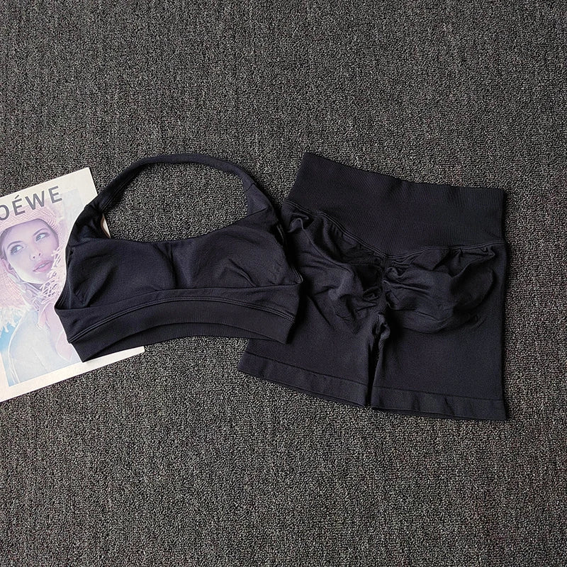 2PCs Peach High Waist Belly Hip Lifting Sports Bras Shorts Suit Gathering Shock-proof Neck Halter Yoga Suit Running Fitness Set