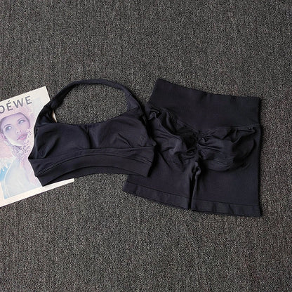 2PCs Peach High Waist Belly Hip Lifting Sports Bras Shorts Suit Gathering Shock-proof Neck Halter Yoga Suit Running Fitness Set