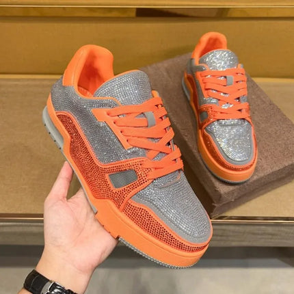 Men Diamonds Crystal Patchwork Suede Genuine Leather Shoes Lace Up Round Toe Thick Bottom Casual Shoes Height Increase Platform